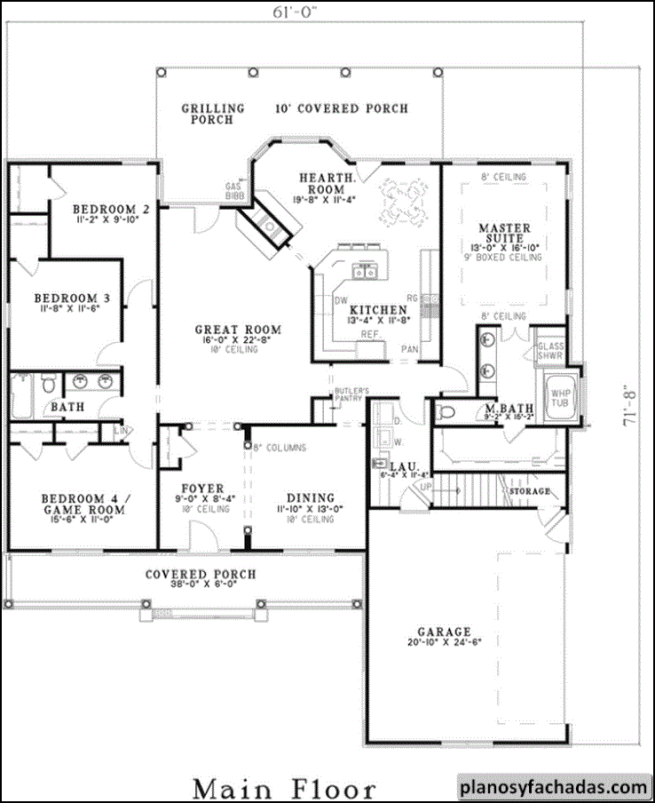 Plano de casa 2362 - Columnas redondas y techos de tres m... Planos y