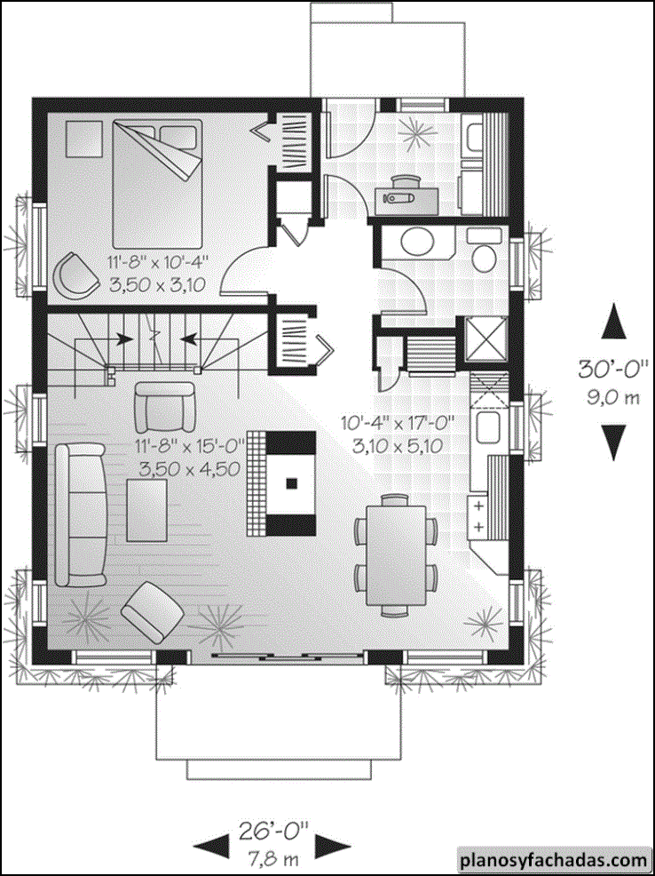 Plano de casa 9101 - Primer nivel: Cocina comedor, sala d... Planos y
